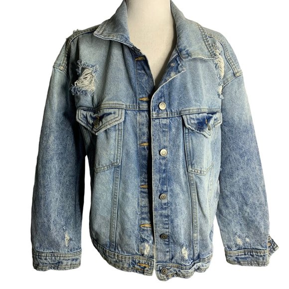 Celebrity Pink Denim Boyfriend Trucker Jacket M Med Wash Distressed Pockets - Picture 1 of 6